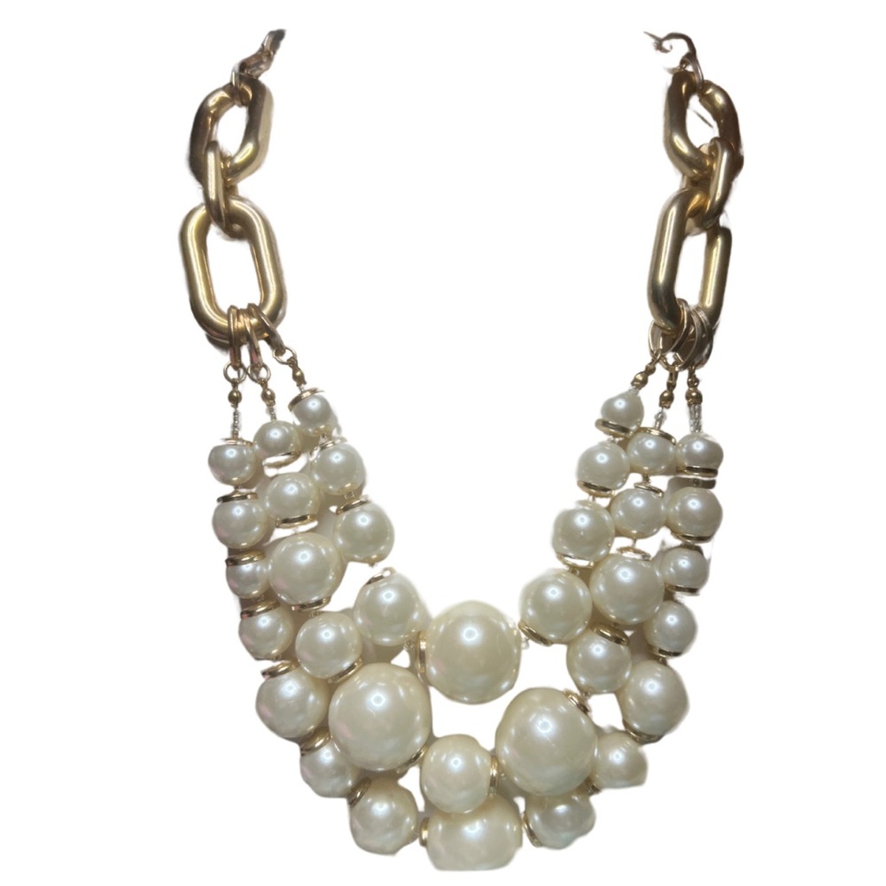Chunky Gold Chain Multi Strand Ivory Pearl Necklace 21-24"
